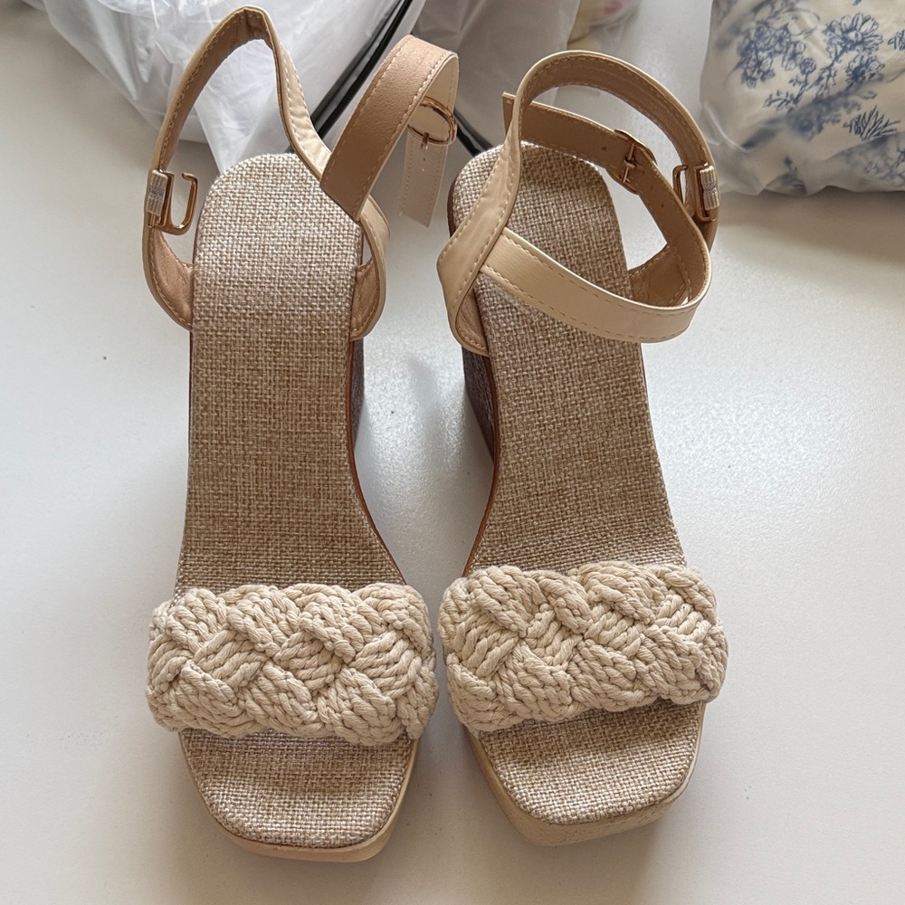 SHEIN Cream Woven Wedge Sandals